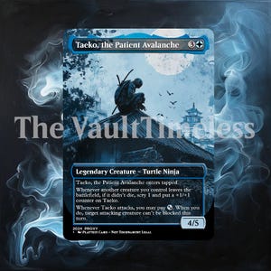 May include: A blue and white Magic: The Gathering card featuring a ninja figure on a rooftop. The card is titled "Taeko, the Patient Avalanche" and has a power and toughness of 4/5. The card text describes the creature's abilities.