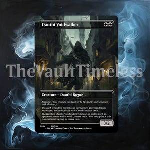 May include: A black and white Magic: The Gathering card featuring a hooded figure in a dark alley. The card is titled "Dauthi Voidwalker" and has a power and toughness of 3/2. The card text reads: "Shadow (This creature can block or be blocked by only creatures with shadow.) If a card would be put into an opponent's graveyard from anywhere, instead exile it with a void counter on it. , Sacrifice Dauthi Voidwalker: Choose an exiled card an opponent owns with a void counter on it. You may play it this turn without paying its mana cost."