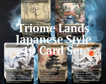 May include: A set of ten Magic: The Gathering cards featuring Japanese-inspired artwork. The cards are all triomes, which are lands that can produce mana of three different colors. The cards are titled "Indatha Triome", "Jetmir's Garden", "Ketria Triome", "Raffine's Tower", and "Raugrin Triome".
