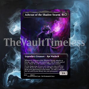 Puede incluir: Carta de fantasía con "Ashcoat of the Shadow Swarm", una Criatura Legendaria Rat Warlock. El arte de la carta muestra una figura de rata sosteniendo un orbe brillante, sobre un fondo morado y negro. El texto de la carta es visible.