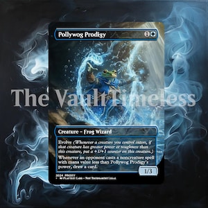 May include: A blue and green fantasy creature card with the text "Pollywog Prodigy" and "Creature - Frog Wizard". The card has an illustration of a frog in a blue robe with water swirling around it. The card is a 1/3 creature with the evolve ability.
