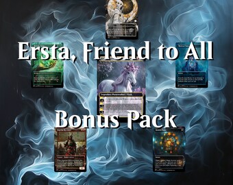 May include: A collection of fantasy trading cards featuring illustrations of mythical creatures and characters. The cards are set against a smoky, blue background with the text "Ersta, Friend to All" and "Bonus Pack".