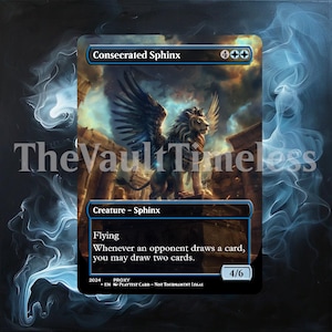 May include: A blue and white Magic: The Gathering card featuring a creature called "Consecrated Sphinx". The card has a 4 mana cost and a 4/6 power and toughness. The card text reads "Flying. Whenever an opponent draws a card, you may draw two cards."