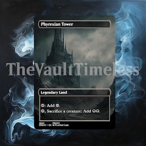 Puede incluir: Una carta de Magic: The Gathering que representa una torre oscura e imponente con un cielo nublado en el fondo. La carta se titula "Phyrexian Tower" y tiene el texto "Legendary Land" y "Add . Sacrifice a creature: Add ."