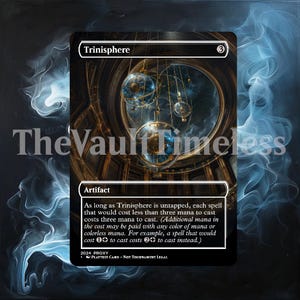 May include: A Magic: The Gathering card with a blue, gold, and black color scheme. The card is called "Trinisphere" and is an artifact. The card text reads: "As long as Trinisphere is untapped, each spell that would cost less than three mana to cast costs three mana to cast. (Additional mana in the cost may be paid with any color of mana or colorless mana. For example, a spell that would cost 1 to cast costs 2 to cast instead.)"