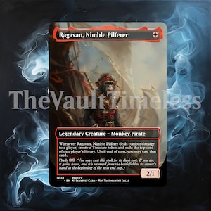 May include: A Magic: The Gathering card featuring Ragavan, Nimble Pilferer, a legendary monkey pirate creature. The card is red and black with a detailed illustration of the monkey pirate holding a sword and standing on a ship's deck. The card text reads "Whenever Ragavan, Nimble Pilferer deals combat damage to a player, create a Treasure token and exile the top card of that player's library. Until end of turn, you may cast that card. Dash (You may cast this spell for its dash cost. If you do, it gains haste, and it's returned from the battlefield to its owner's hand at the beginning of the next end step.) 2/1".