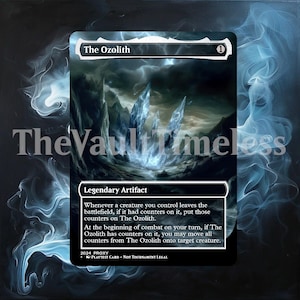 May include: A Magic: The Gathering card with a blue and white background. The card is titled "The Ozolith" and is a legendary artifact. The card text reads: "Whenever a creature you control leaves the battlefield, if it had counters on it, put those counters on The Ozolith. At the beginning of combat on your turn, if The Ozolith has counters on it, you may move all counters from The Ozolith onto target creature."