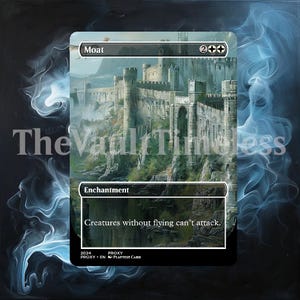 May include: A Magic: The Gathering card with a white border and a blue background. The card is titled "Moat" and has a mana cost of 2 colorless mana. The card is an enchantment and reads "Creatures without flying can't attack."