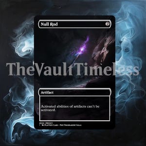 Może przedstawiać: Czarno-biała karta Magic: The Gathering z fioletową i białą świecącą różdżką w tle. Tekst karty brzmi "Null Rod" i "Artefakt". Tekst karty brzmi również "Aktywne zdolności artefaktów nie mogą być aktywowane."