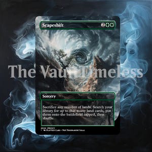 Könnte beinhalten: Eine Magic: The Gathering Karte mit einem grünen, schwarzen und weißen Rand. Die Karte trägt den Titel "Scapeshift" und hat Mana-Kosten von 2 grünen Mana-Symbolen. Die Karte zeigt ein wirbelndes Wolkenwirbel und eine felsige Landschaft. Der Kartentext lautet: "Opfere beliebig viele Länder. Suche deine Bibliothek nach bis zu dieser Anzahl von Länderkarten, lege sie getappt auf das Schlachtfeld und mische dann dein Deck."