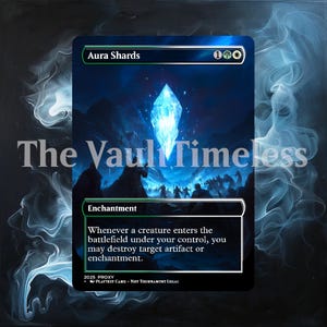 May include: Aura Shards proxy card with a blue and white crystal design. The card features the text "Aura Shards" at the top and game instructions at the bottom. The card is labeled "2025 PROXY - PLAYTEST CARD - NOT TOURNAMENT LEGAL."