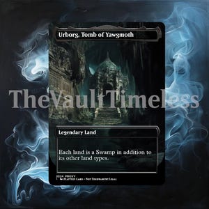 May include: A black and white Magic: The Gathering card with a dark green and gray illustration of a stone structure with a large archway. The card text reads "Urborg, Tomb of Yawgmoth" and "Legendary Land". The card text also reads "Each land is a Swamp in addition to its other land types."