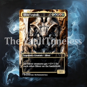 Puede incluir: Una carta proxy con el texto "Sliver Legion" y "Legendary Creature - Sliver". La carta muestra una ilustración detallada y texturizada de una criatura. El texto "The VaultTimeless" también es visible. La tarjeta está marcada como una tarjeta de prueba.