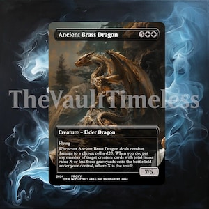May include: A fantasy trading card featuring a golden dragon with a 600 mana cost. The card text reads "Ancient Brass Dragon" and "Creature - Elder Dragon". The card has a 7/6 power and toughness.