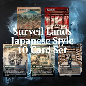 May include: A set of 10 Japanese-style Magic: The Gathering cards featuring illustrations of various locations. The cards are titled "Surveil Lands" and include names like "Commercial District", "Elegant Parlor", "Hedge Maze", "Lush Portico", and "Meticulous Archive".