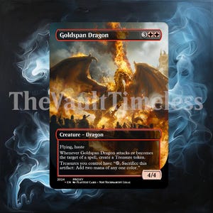 Puede incluir: Una carta de juego de fantasía con un dragón rojo, dorado y blanco con fuego y humo. La carta se titula "Goldspan Dragon" y tiene una fuerza y resistencia de 4/4. El texto de la carta dice: "Vuelo, prisa. Siempre que Goldspan Dragon ataque o se convierta en el objetivo de un hechizo, crea una ficha de Tesoro. Los Tesoros que controlas tienen ", Sacrificar este artefacto: Agrega dos manás de cualquier color."."