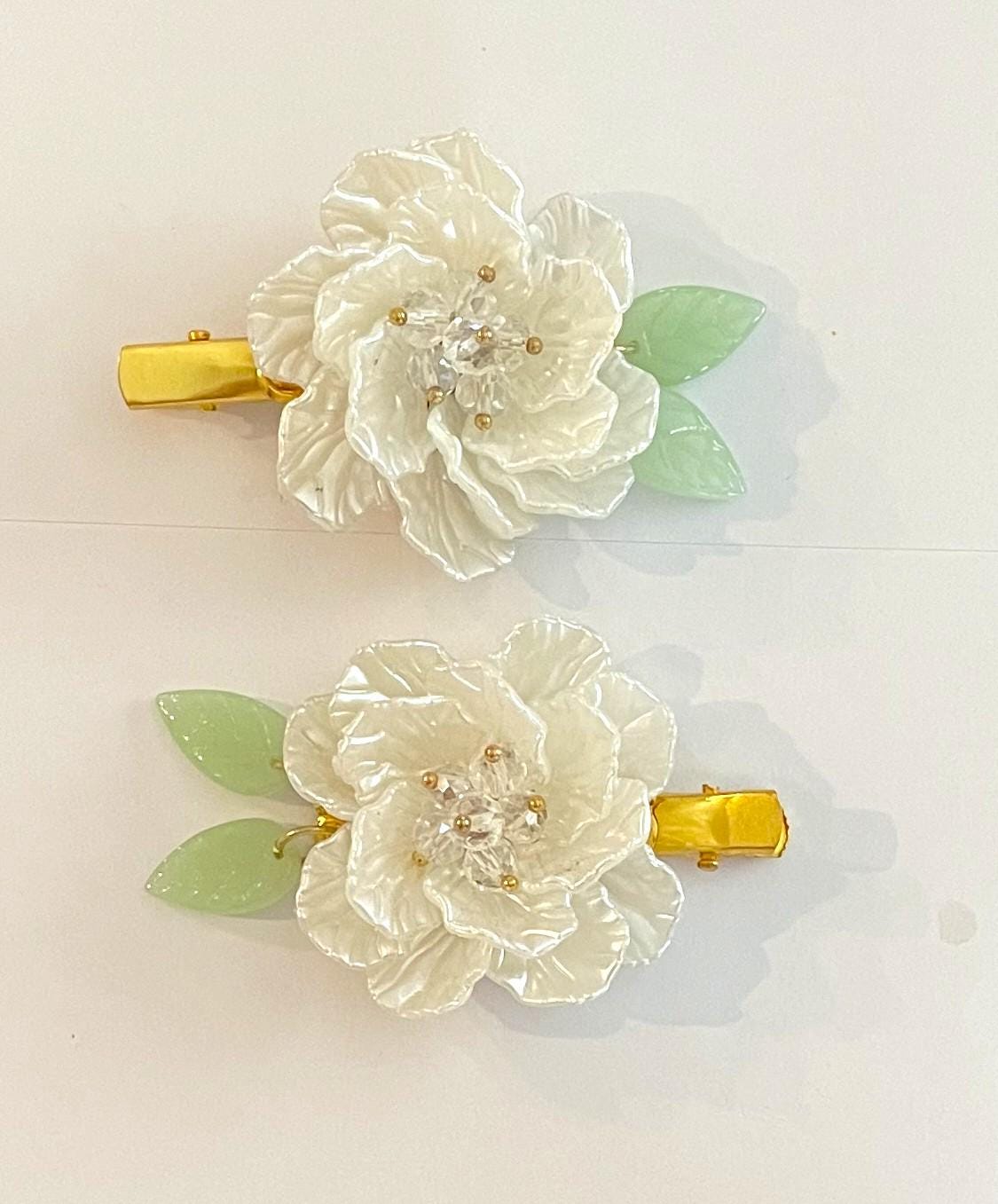 (2) Elegant Camellia Floral Design Decorative Pearl Gold Tone French Barrettes Floral Pearl Hair Clip Set: Camellia Wedding Hair Jewelry - Etsy main image 4