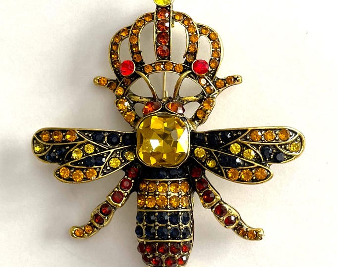 Large 3 STATEMENT Gold Tone Pave Crystal Queen Bee With Crown Lover ...
