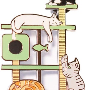 May include: A green and brown cat tree with four levels. A black and white cat is sitting on the top level, a white cat is sleeping on the second level, an orange cat is sleeping on the bottom level, and a gray cat is climbing the post.