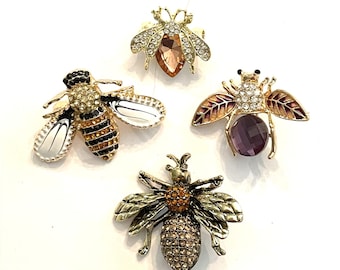 4 Gold Tone Pave Crystal Enamel Queen Bee Lover Beekeeper Hive Skep Denim Jacket Collar Lapel Brooch Pins