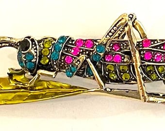 Gold Tone Multicolor Pave Crystal Grasshopper CRICKET Insect Brooch Pin Boutonniere