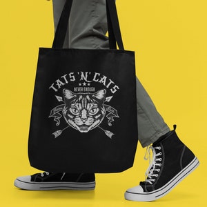 Tats N Cats Cotton Canvas Tote Bag, Tattoo Artist Gift, Tattoo Lover Gift, Tattoo Cat Gift Tote, Tattoo Cat Lover tote, Cat Lover bag