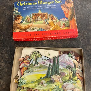 Ensemble de décoration de Noël en carton découpé, dans la boîte d'origine, vintage des années 50