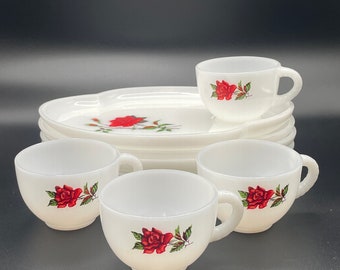 Rosecrest Milk Glass Plates and Tea Cups, Set of 4, Vintage