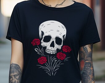 Skull Bouquet T-Shirt: Gothic Floral Design, Romantic Horror Halloween Tee