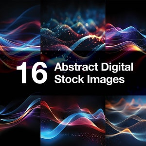 Puede incluir: 16 imágenes digitales abstractas de stock que presentan ondas y partículas coloridas y brillantes sobre un fondo negro.