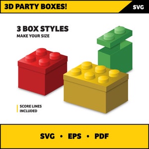 May include: Three 3D printable party favor boxes in red, yellow, and green. The boxes are designed to look like Lego bricks. The text "3 BOX STYLES MAKE YOUR SIZE" is at the top of the image. The text "SCORE LINES INCLUDED" is at the bottom of the image.