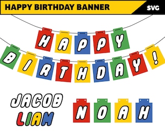 Banner de feliz cumpleaños con alfabeto de ladrillos SVG (descarga digital)