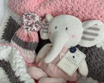 Handmade XL cuddly pink/gray crochet baby girl blanket, hat & plush options. Beautiful baby gift, Baby shower gift, Soft Bernat baby blanket