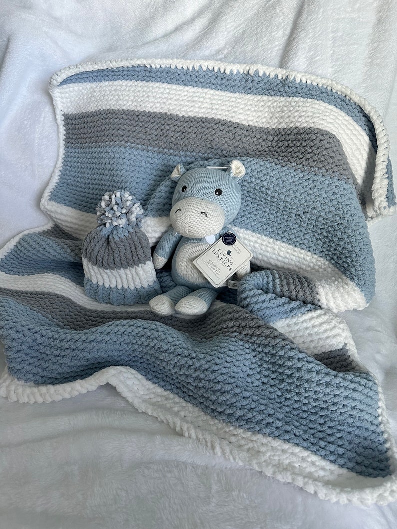 Handmade Knit/crochet Baby Blanket, Optional Hat & Plush Animal. Blue Gray Baby Blanket, Baby