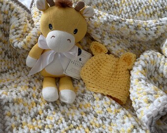 LARGE Handmade knit/crochet baby blanket. optional hat & plush. GREAT baby gift,Baby shower gift, soft cuddly neutral Bernat baby blanket,