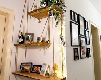 Solid wood hanging shelf with bark, rope shelf, floating shelf, ceiling shelf