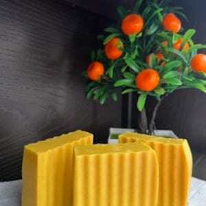 Könnte beinhalten: Drei gelbe handgemachte Seifenstücke mit einer geriffelten Textur. Die Seife liegt auf einer weißen Oberfläche vor einem kleinen Orangenbaum im Topf.
