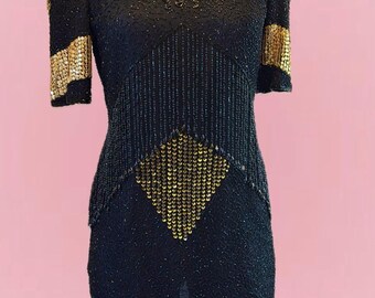 Vintage 1980’s JAGSWEAR 100% Silk Beaded Sequin Cocktail Dress