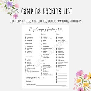 Druckbare Camping Packliste, Camping Checkliste, Packliste, Camping Liste, Packliste, Trip Checklist