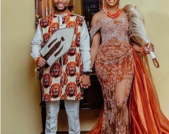 Burnt orange igbo Couple Matching Wedding Attire, George Outfit for Bride and Groom, Nigeria Traditional Isi Agu Man and Woman Dress