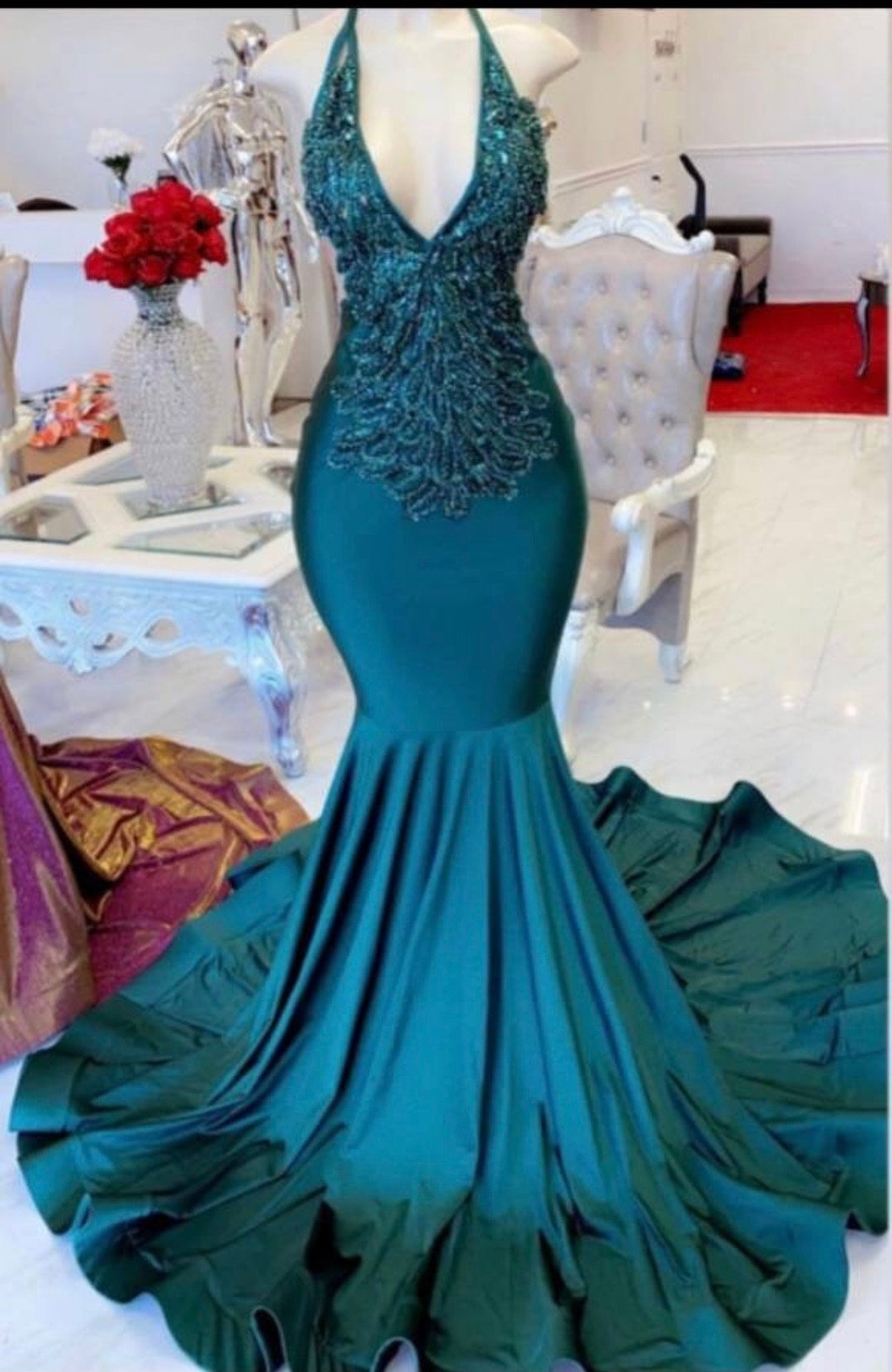 Green dresses for women party mermaid beaded sexy evening dresses short Y129 main image 1