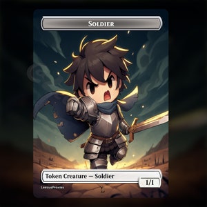 Fichas de soldado Chibi de lámina de arte completo / Fichas MTG premium hechas a mano