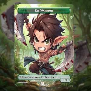 Fichas de Guerrero Elfo Chibi de lámina de arte completo / Fichas MTG premium hechas a mano