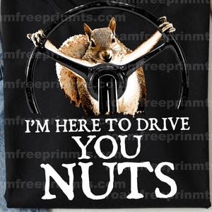 May include: Black t-shirt with a squirrel graphic. The squirrel is holding a steering wheel. The text "I'M HERE TO DRIVE YOU NUTS" is printed in white below the squirrel. The t-shirt is a crew neck.
