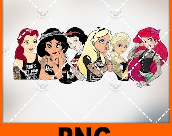 May include: Five Disney princesses with tattoos and punk rock clothing.  The princesses are Ariel, Jasmine, Snow White, Alice, and Elsa.  Each princess is wearing a black tank top with a different punk rock band logo.  The princesses are all looking at the viewer.