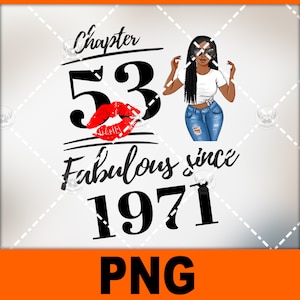 May include: Black and white illustration of a woman with long black hair wearing sunglasses, a white shirt, and blue jeans. The text "Chapter 53 Fabulous since 1971" is written in black.
