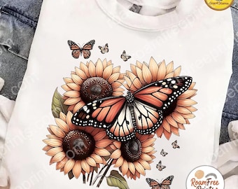Monarch Butterfly Sunflower File PNG, Nature Design T Shirt, Floral Gift, Butterfly Sunflower Digital Download - Png file for sublimation an