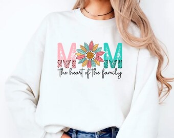 Mom The Heart Of The Family, New Mom Gift, Mom Crewneck Sweatshirt, Mothers Day Gifts, Mom Birthday, Cute Mom Sweatshirt, Grandma Sweatshirt