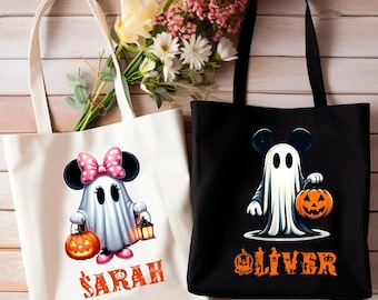 Custom Mickey & Minnie Ghost Halloween Tote Bag, Trick or Treat Bag, Halloween Tote bag, Custom Name Bag, Trick or Treat Personalized Bag