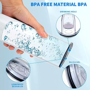 May include: A white tumbler with a clear lid, featuring a leakproof design and silica gel seal. The image highlights the drinking hole and the BPA-free material. The tumbler has a design of water bubbles.